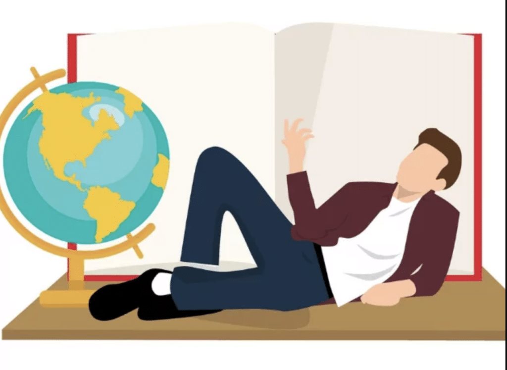 cartoon of man with globe and book