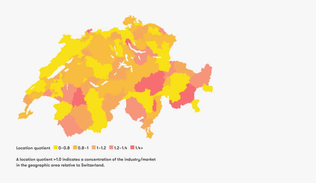 Map of Switzerland showing concentration of Swiss architecture industry in relation to area